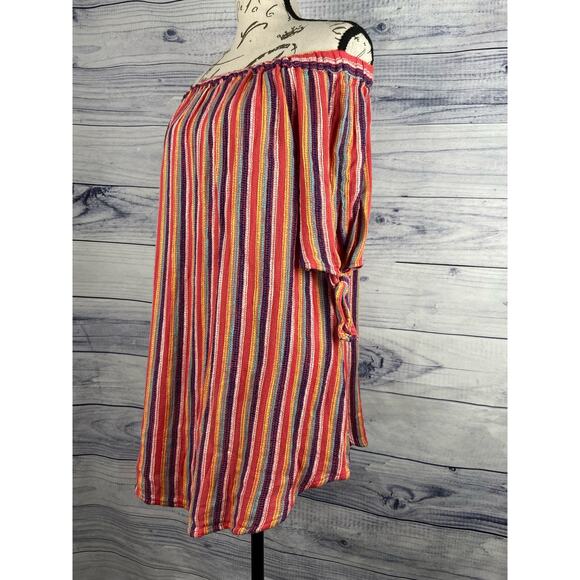 Ripcurl Off Shoulder Mini Dress Women XS Elbow Tie Sleeves Rainbow Stripe - Picture 1 of 13